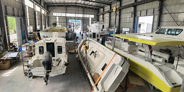 boat equipment and assembly area for custom boat manufacturer